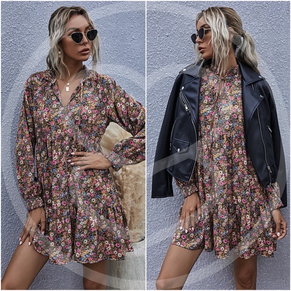 Boho floral print long sleeve v neck ruffle dress - Picture 9 of 9